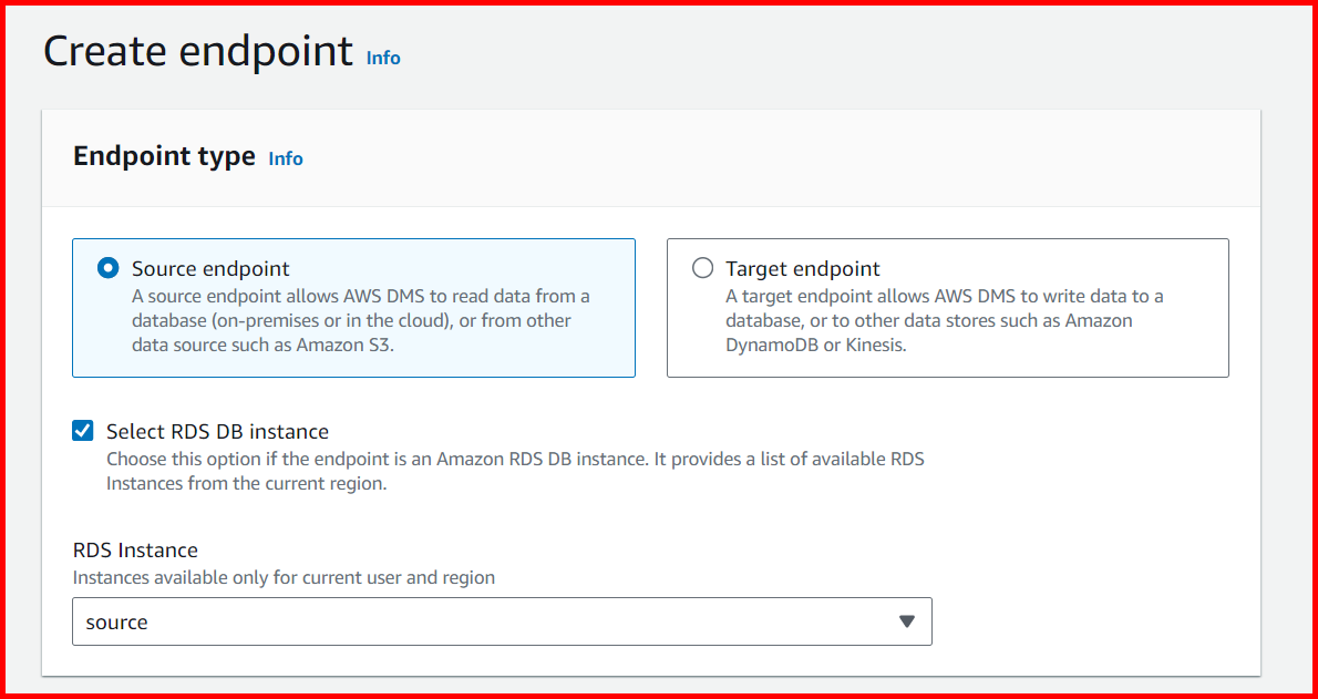 Picture showing selecting the endpoint type and the source RDS instance